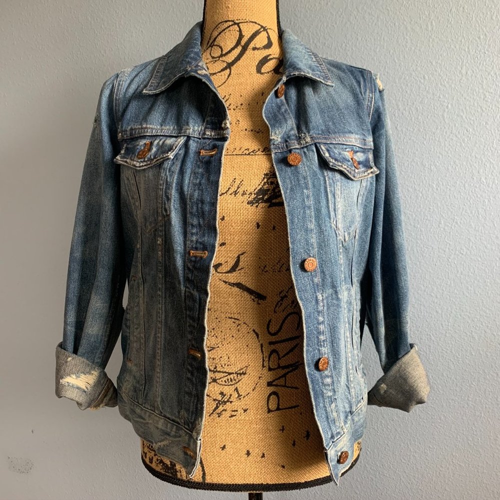 Madewell Distressed Printer Wash Jean Jacket M - Picture 1 of 9